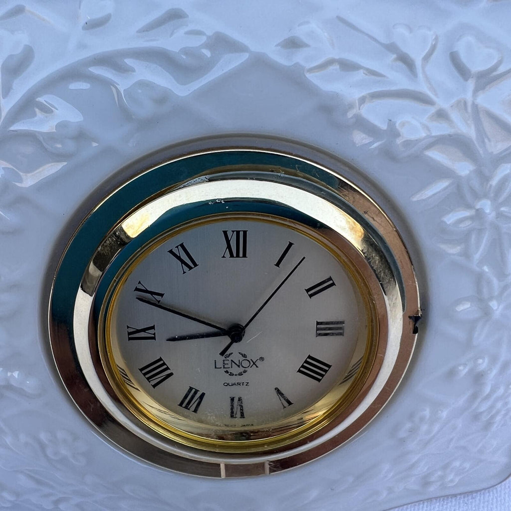 Lenox Porcelain Desk Clock Gold Trim Floral Embossed Quartz Vintage
