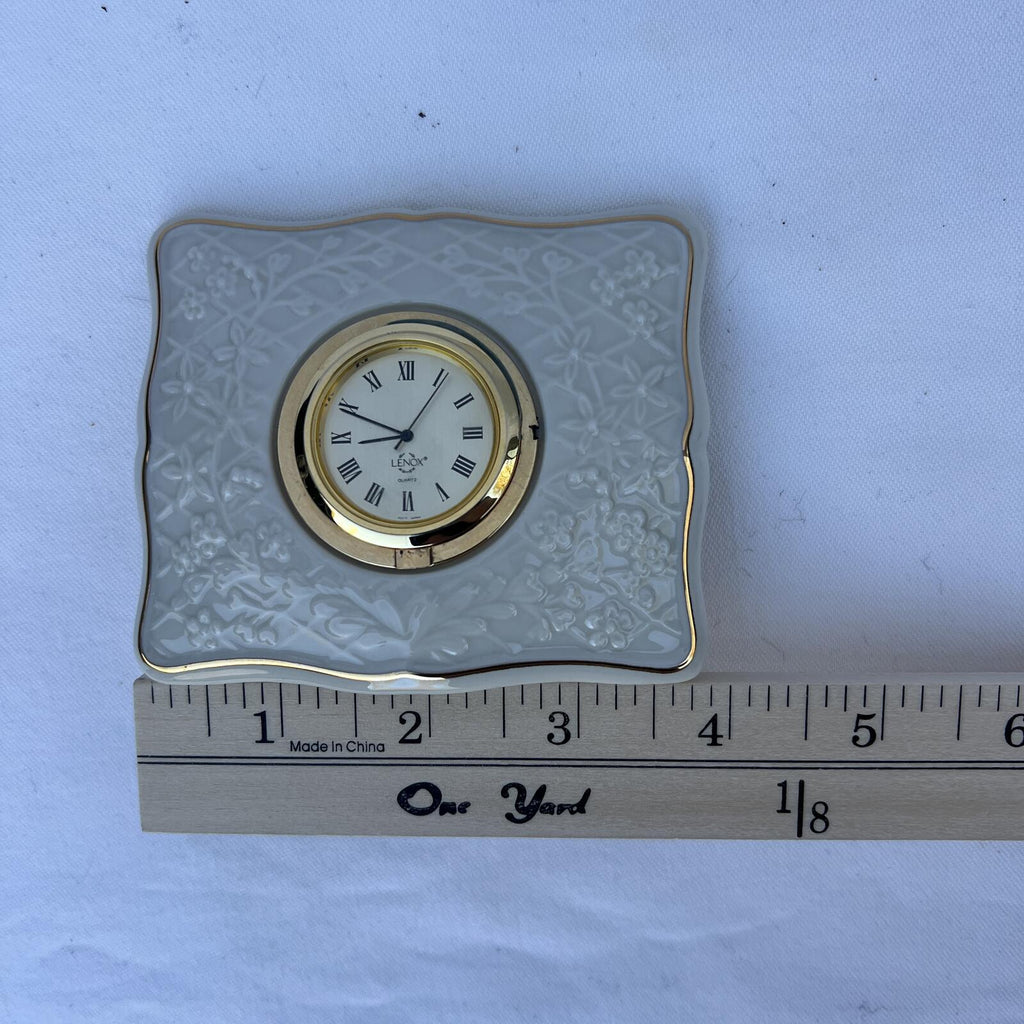 Lenox Porcelain Desk Clock Gold Trim Floral Embossed Quartz Vintage