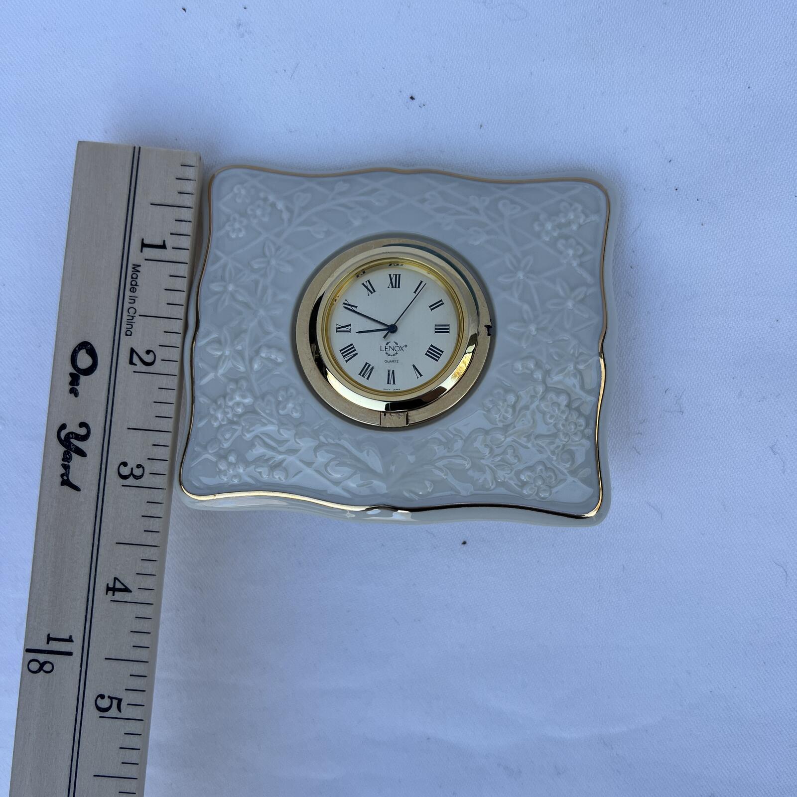 Lenox Porcelain Desk Clock Gold Trim Floral Embossed Quartz Vintage