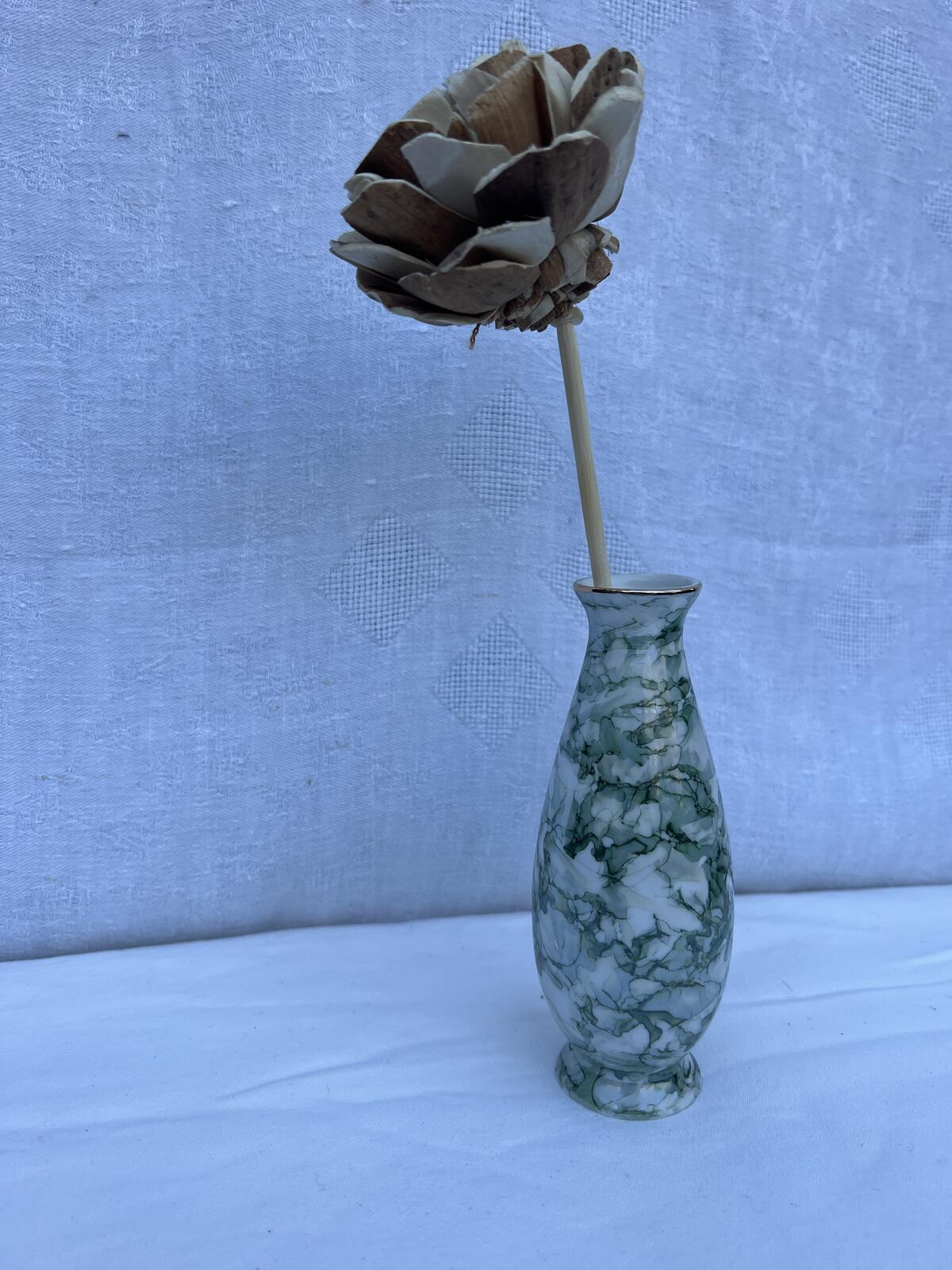 Vintage Signed Marbled Glass Vase Green White Gold Rim Bud Vase Decor