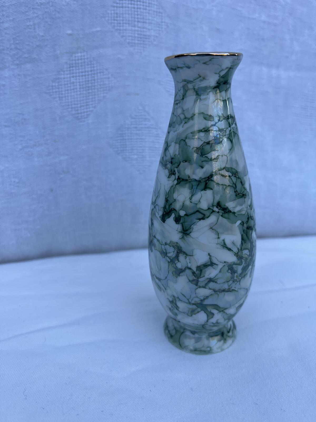Vintage Signed Marbled Glass Vase Green White Gold Rim Bud Vase Decor