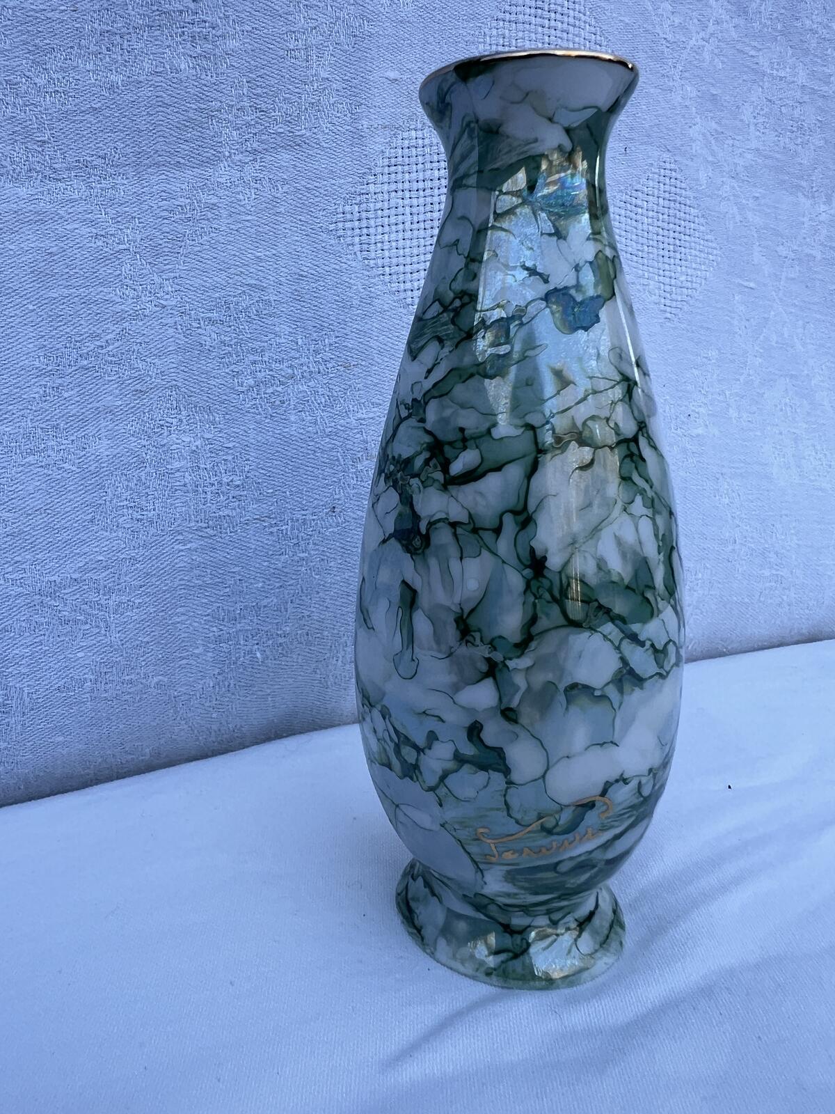 Vintage Signed Marbled Glass Vase Green White Gold Rim Bud Vase Decor