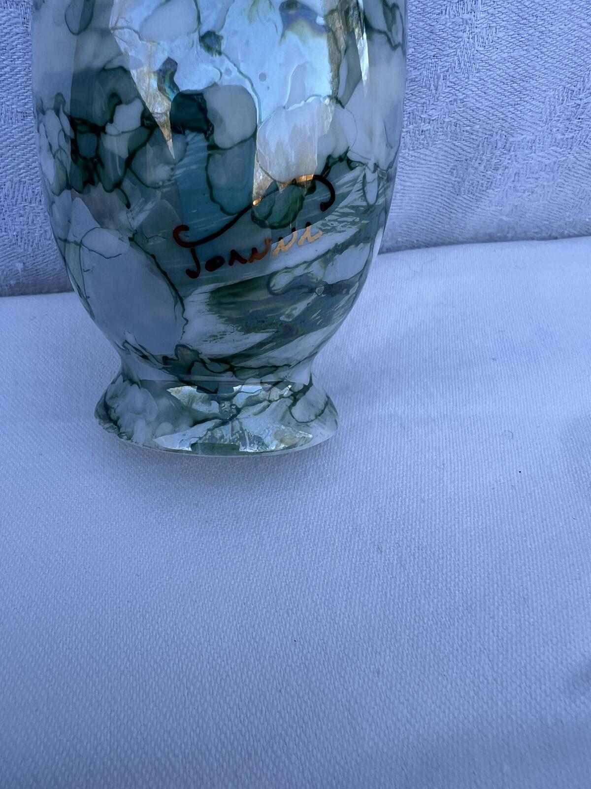 Vintage Signed Marbled Glass Vase Green White Gold Rim Bud Vase Decor