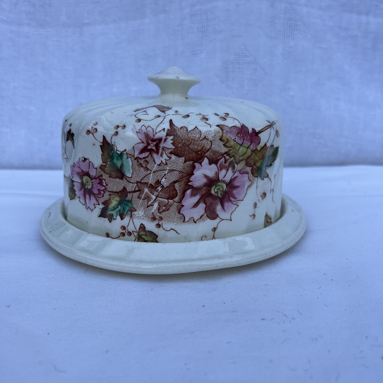 Vintage Floral Covered Butter /Cheese Dish Cream Glass Cottagecore Kitchen Decor
