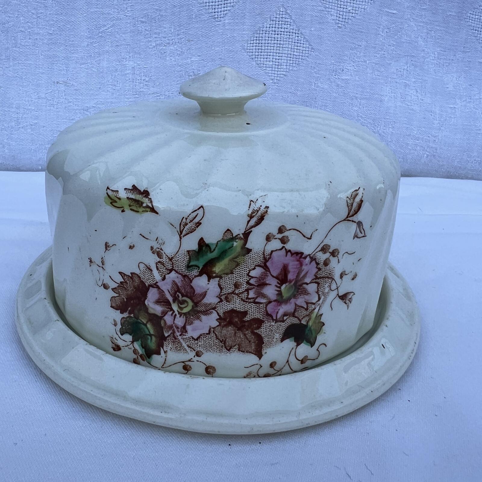 Vintage Floral Covered Butter /Cheese Dish Cream Glass Cottagecore Kitchen Decor