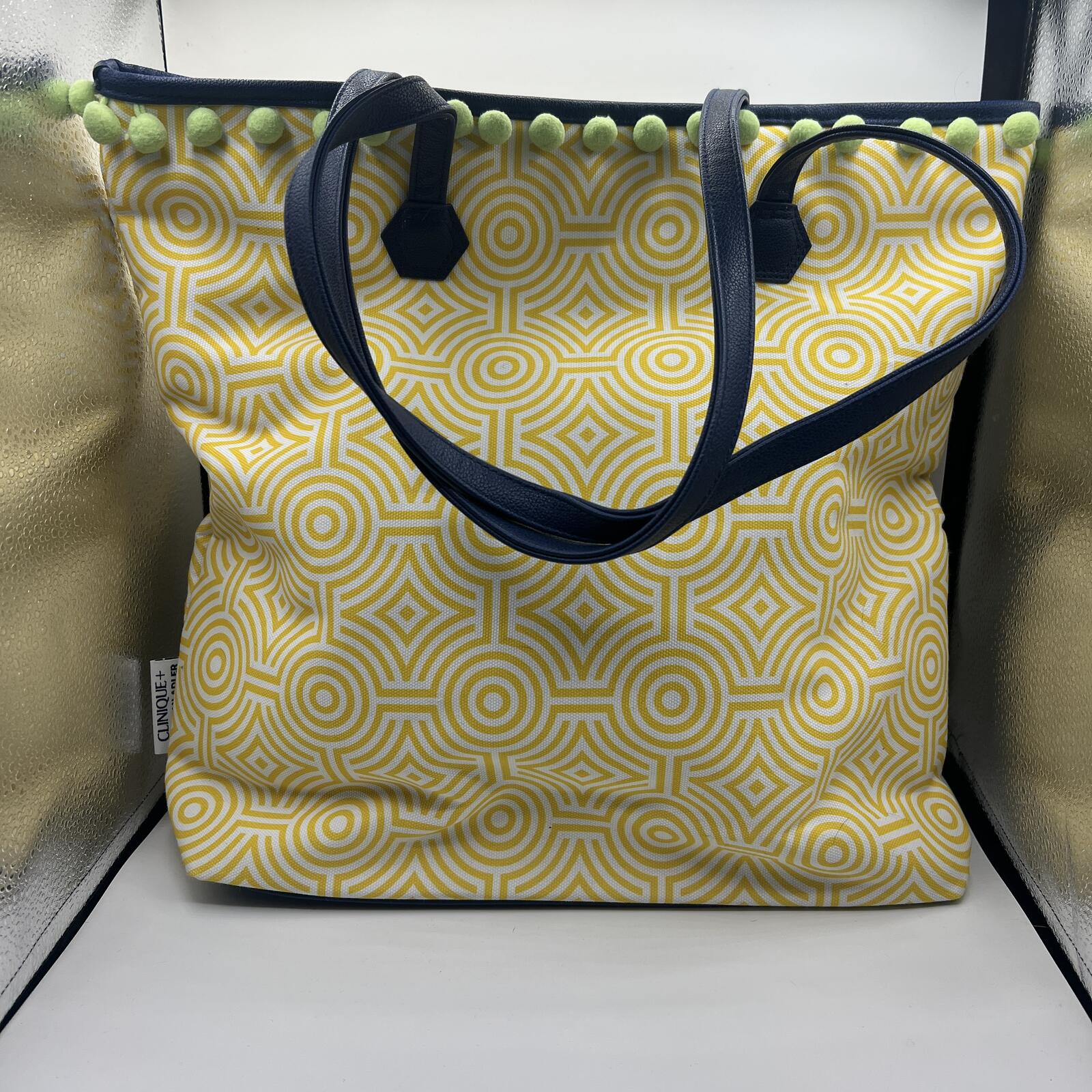 Clinique x Jonathan Adler Yellow Geometric Tote Pom Pom Beach Travel Bag
