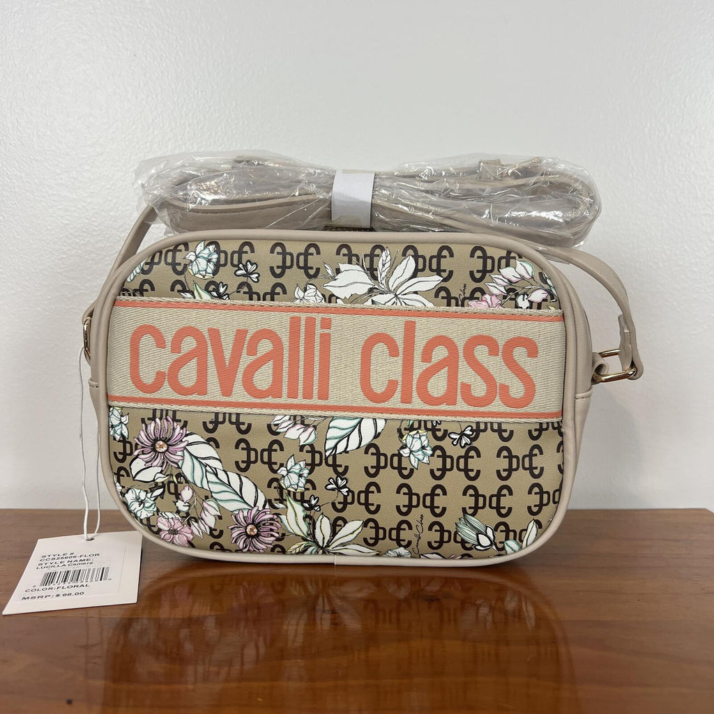 Cavalli Class Floral Logo Camera Crossbody Bag Beige NWT Strap