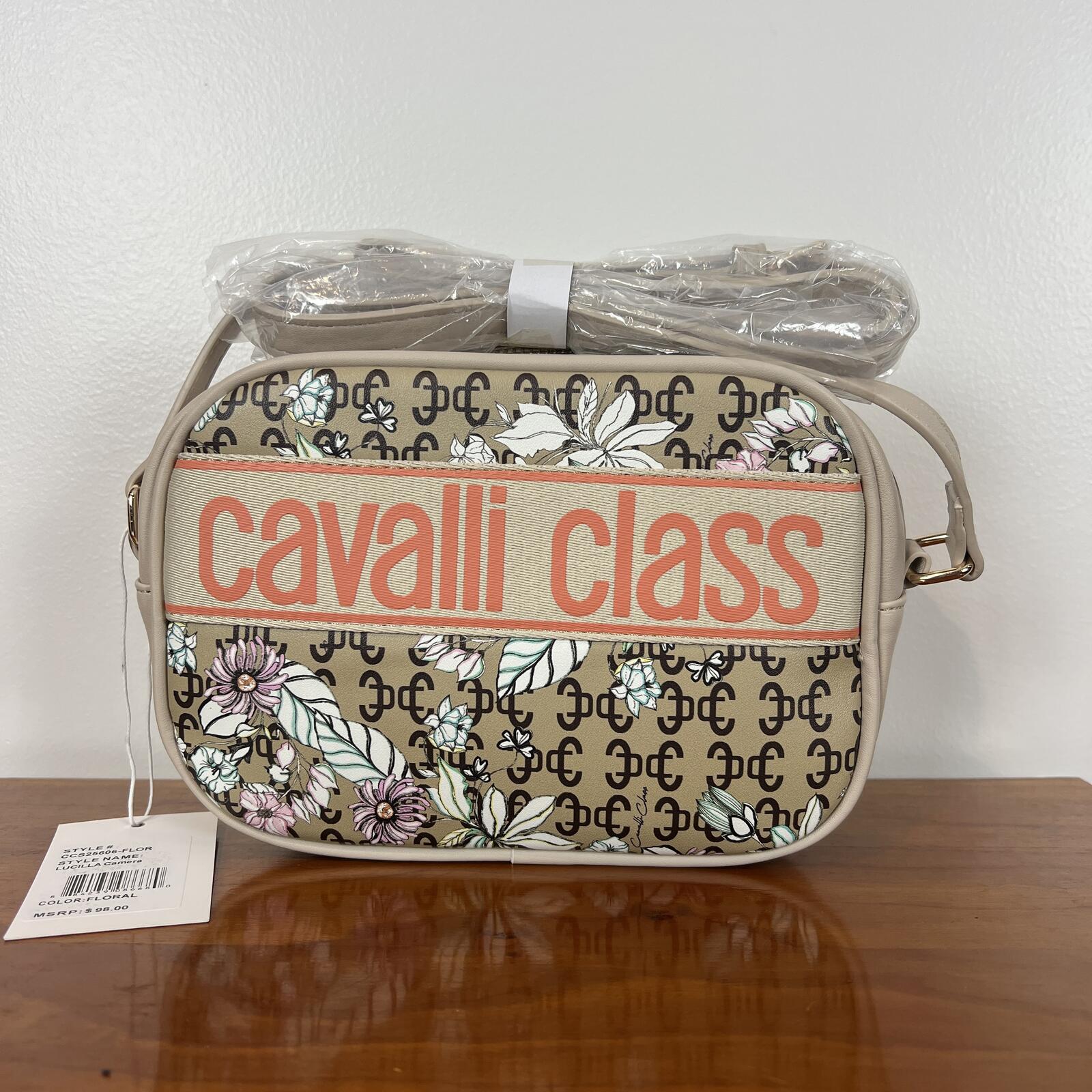 Cavalli Class Floral Logo Camera Crossbody Bag Beige NWT Strap