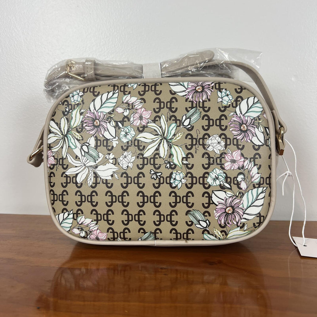 Cavalli Class Floral Logo Camera Crossbody Bag Beige NWT Strap