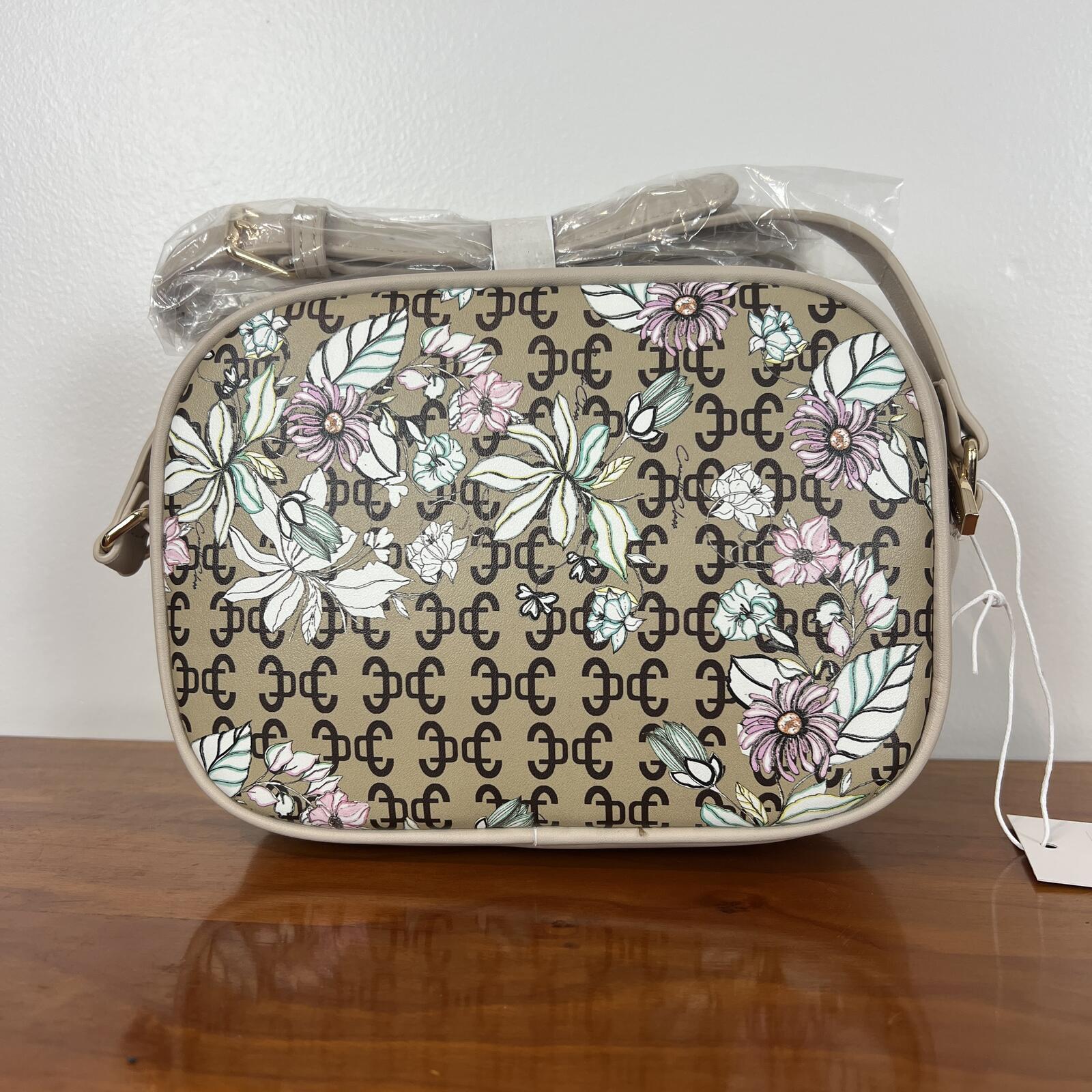 Cavalli Class Floral Logo Camera Crossbody Bag Beige NWT Strap