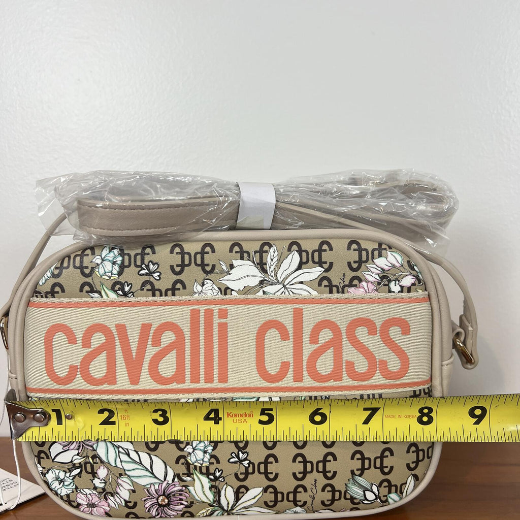 Cavalli Class Floral Logo Camera Crossbody Bag Beige NWT Strap