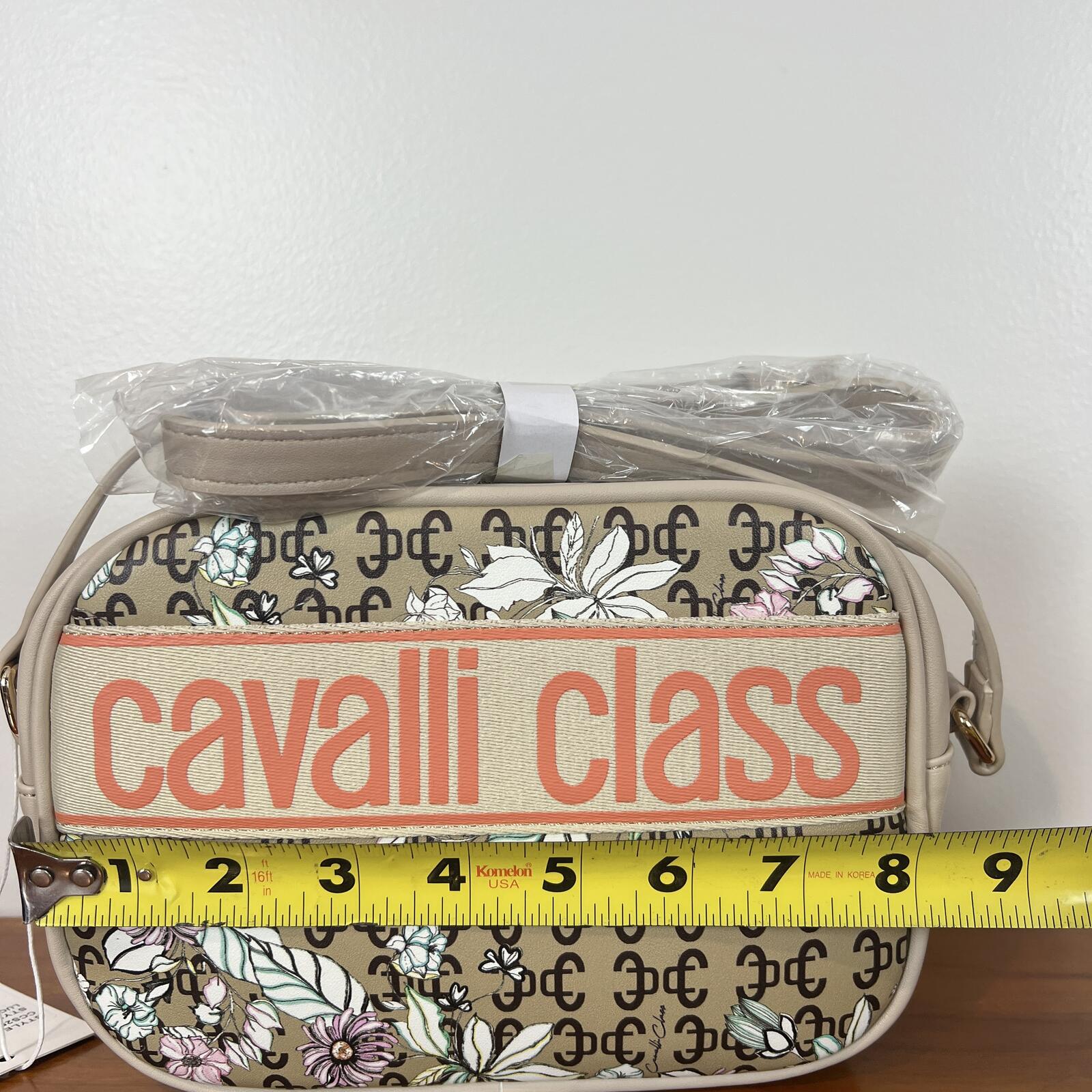 Cavalli Class Floral Logo Camera Crossbody Bag Beige NWT Strap