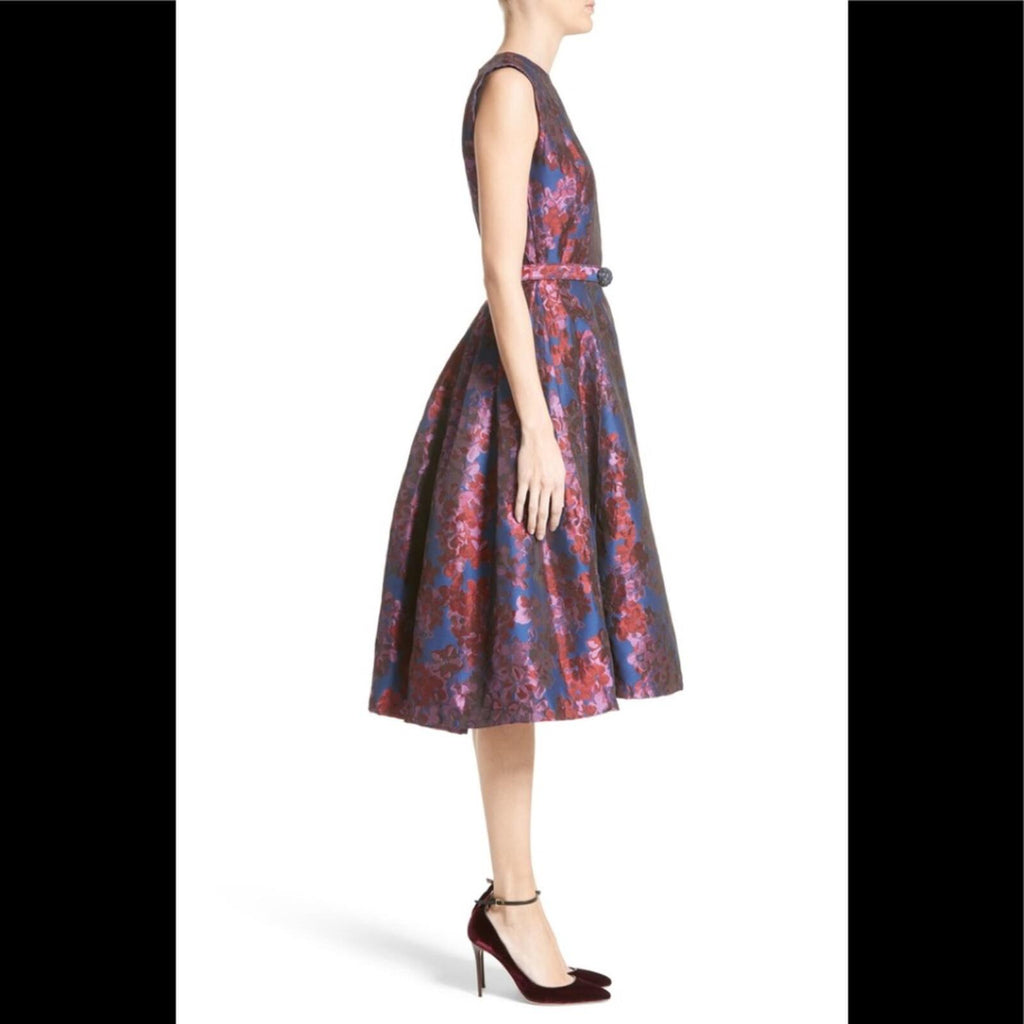Badgley Mischka Floral Jacquard Fit Flare Dress Blue Pink Size 8