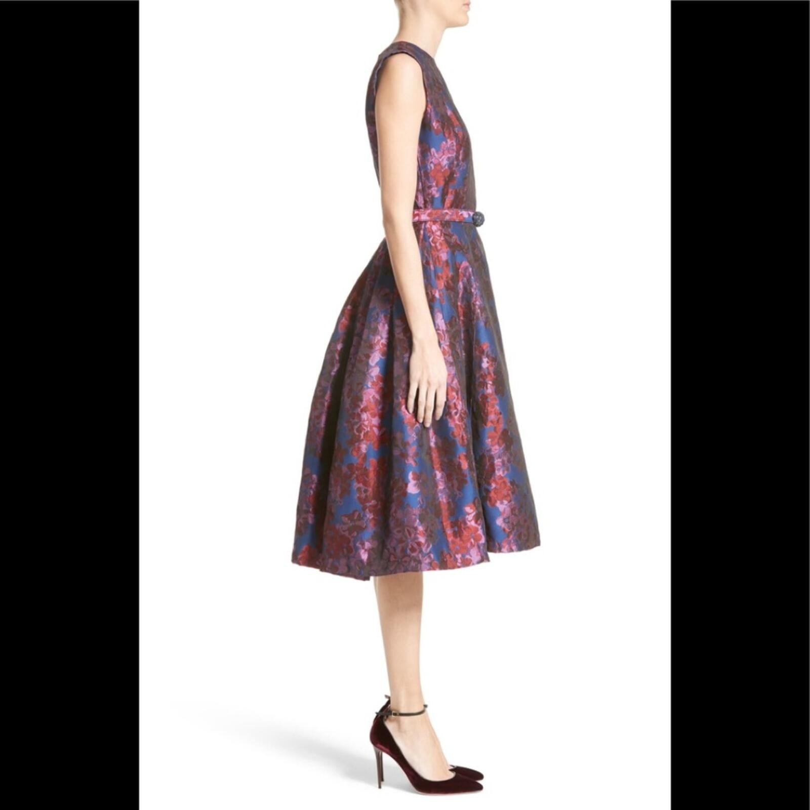 Badgley Mischka Floral Jacquard Fit Flare Dress Blue Pink Size 8