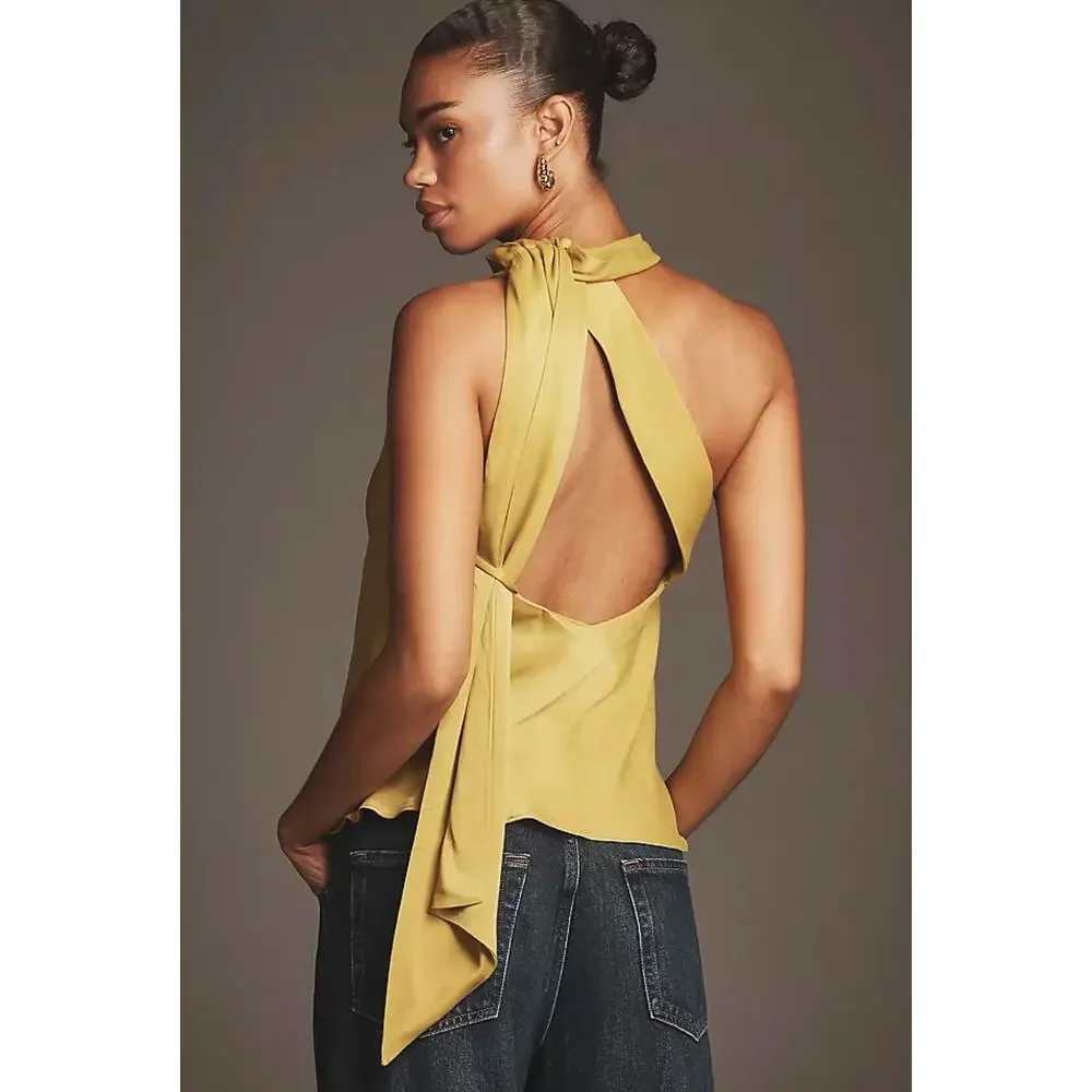Anthropologie One-Shoulder Scarf Draped Halter Blouse Chartreuse Size Large NWOT