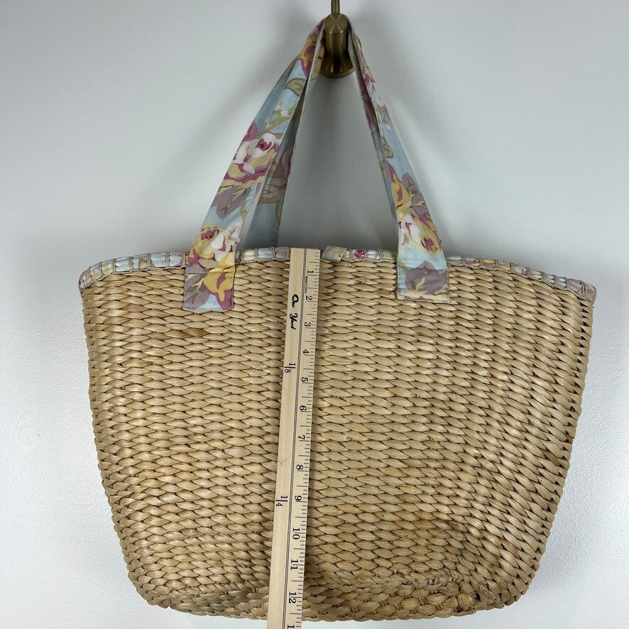 Laura Ashley Floral Lined Straw Tote Beach Bag Large Woven Shopper NWT