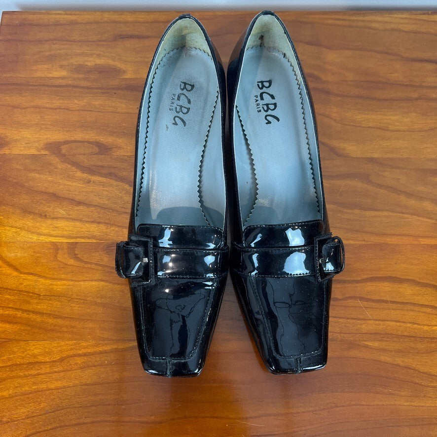 Vintage BCBG Paris Black Patent Leather Loafer Pumps Buckle Heels Size 8