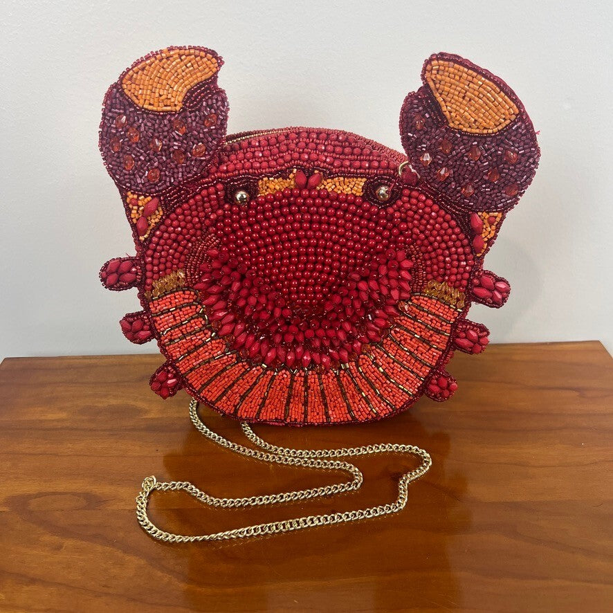 NWT Handmade Beaded Red Crab Crossbody Purse India Novelty Coastal Handbag