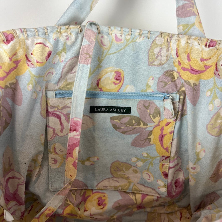 Laura Ashley Floral Lined Straw Tote Beach Bag Large Woven Shopper NWT