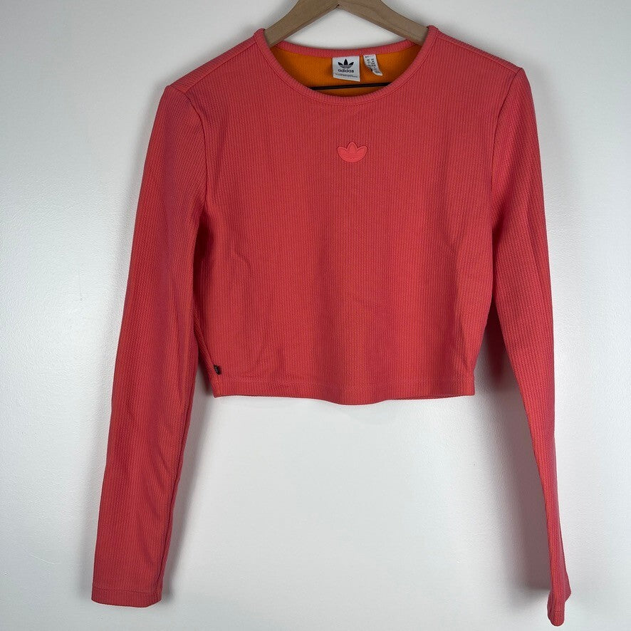 Adidas Originals Ribbed Crop Top Pink Orange Long Sleeve Trefoil Logo Medium