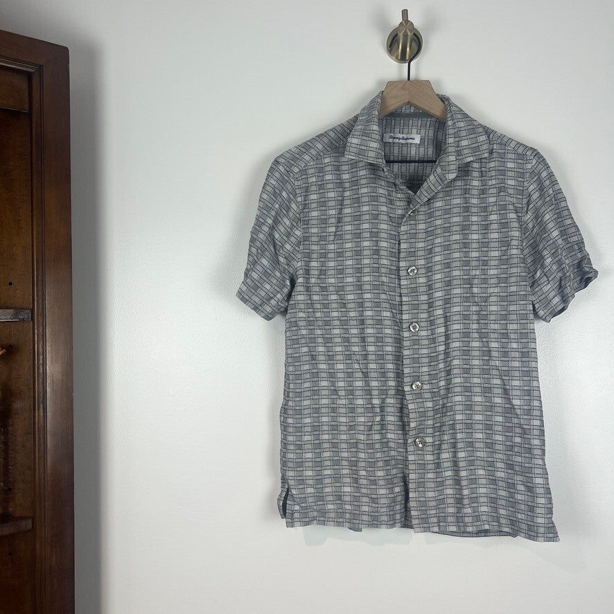 Tommy Bahama 100% Silk Gray Plaid Camp Shirt Button Front Men's Small