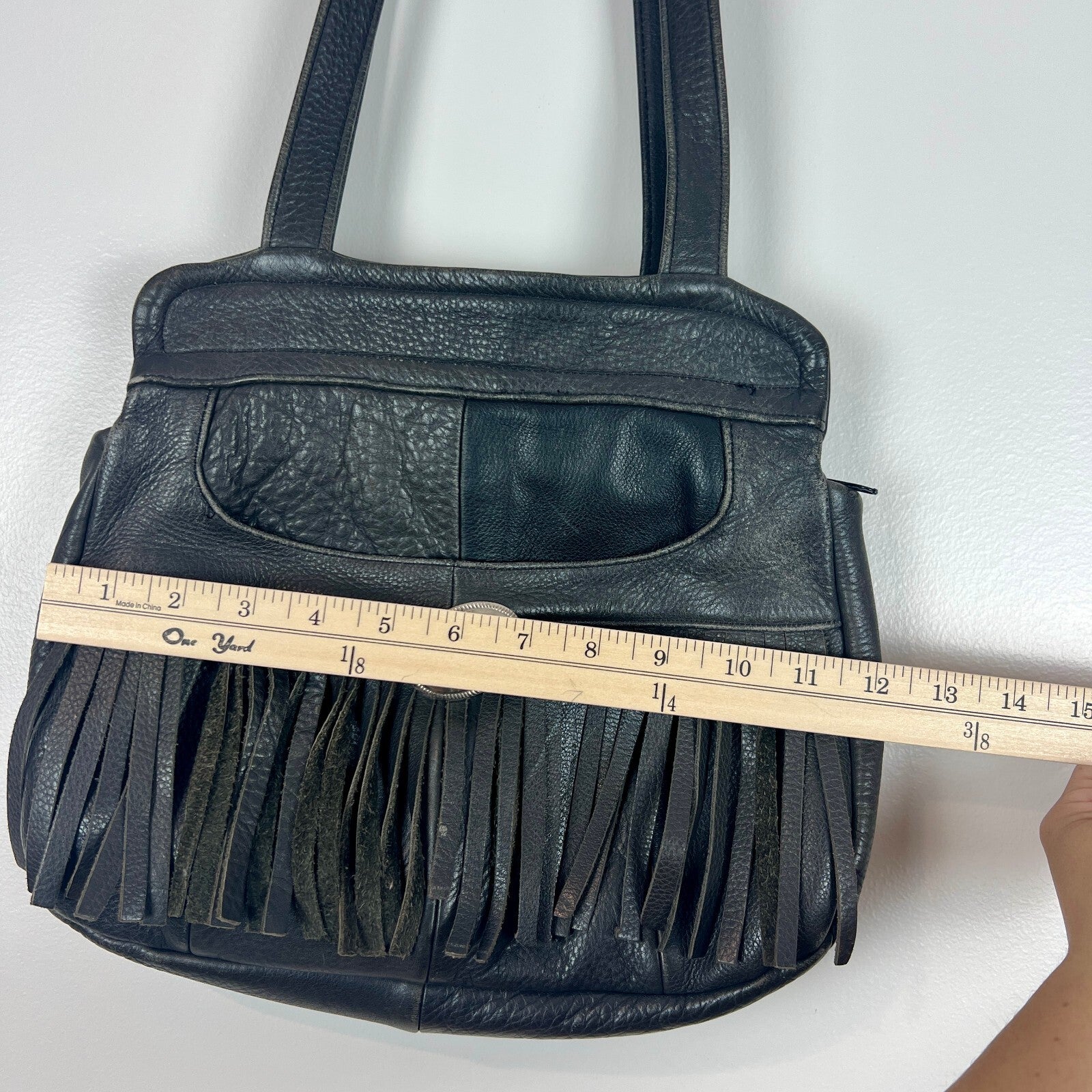 Vintage Black Genuine Leather Fringe Shoulder Bag Western Boho Purse Made Mexico