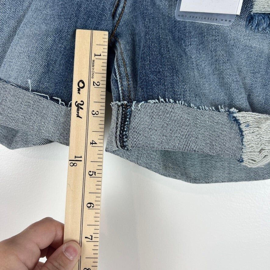 Risen High Rise Distressed Straight Denim Shorts Women's 9/29 NWT Medium Wash
