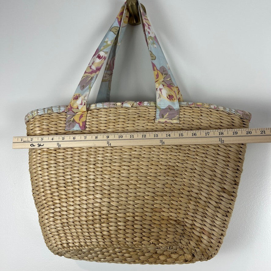 Laura Ashley Floral Lined Straw Tote Beach Bag Large Woven Shopper NWT