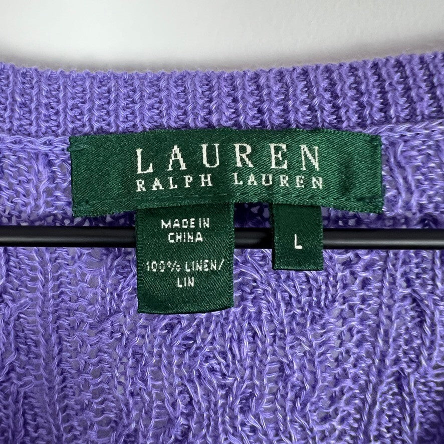 NWT Lauren Ralph Lauren Purple Linen Cable Knit V-Neck Sweater Women's L