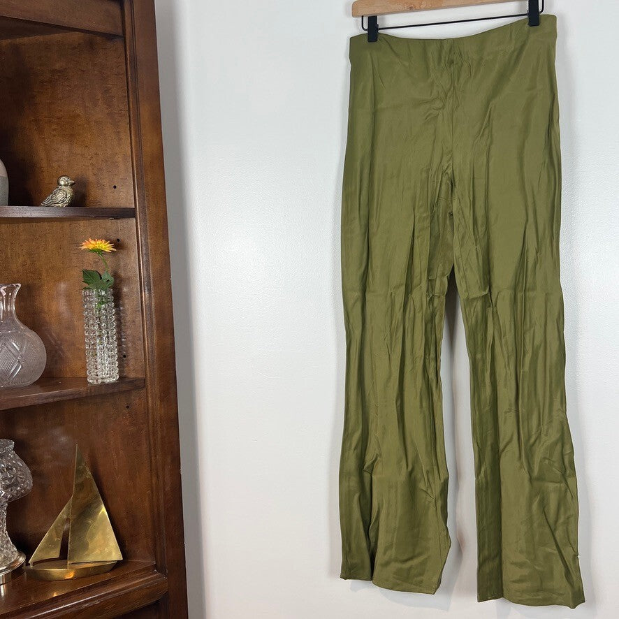 Anthropologie Tilda Pull-On Wide Leg Satin Pants Olive Green Women's Medium