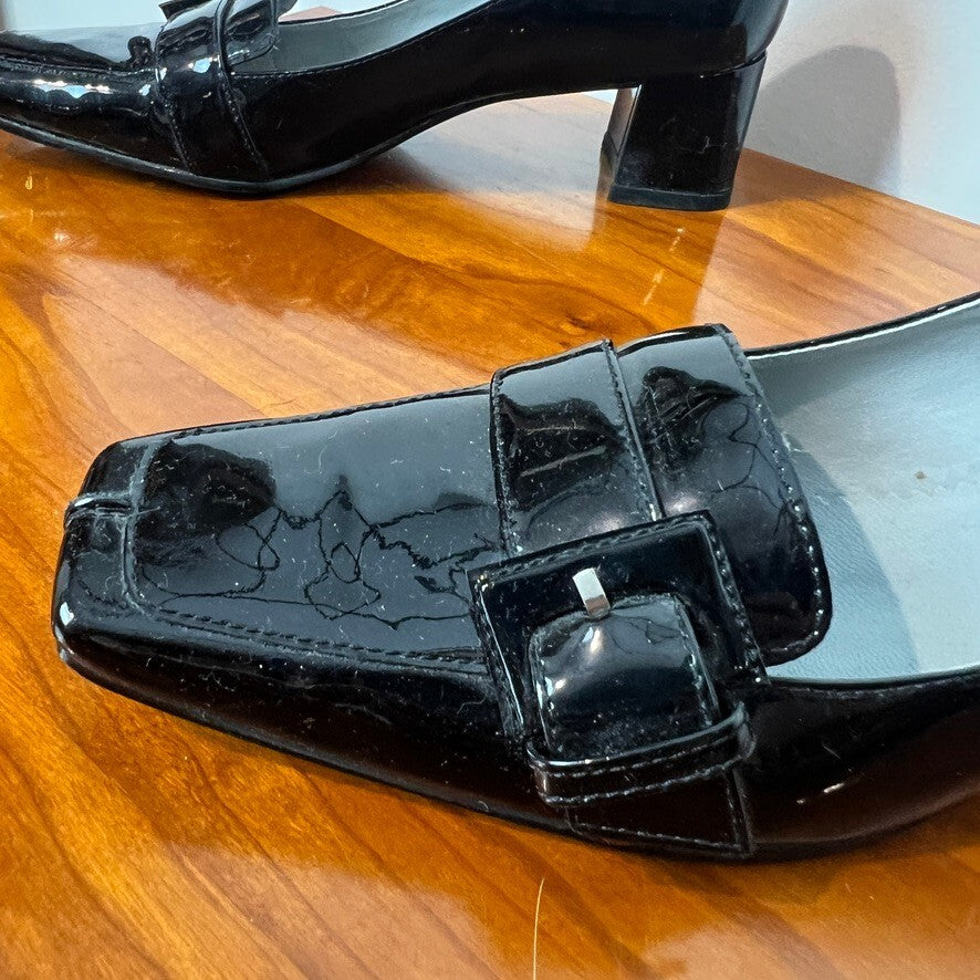 Vintage BCBG Paris Black Patent Leather Loafer Pumps Buckle Heels Size 8