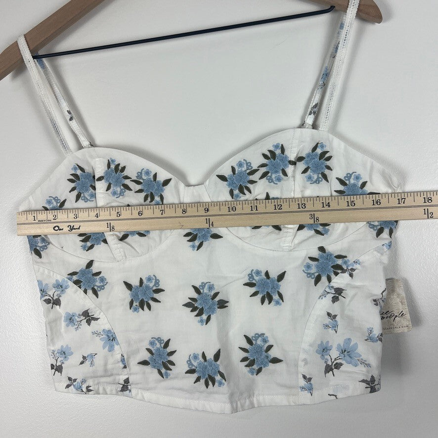Free People Embroidered Floral Bustier Crop Top Ivory Blue NWT Size Small