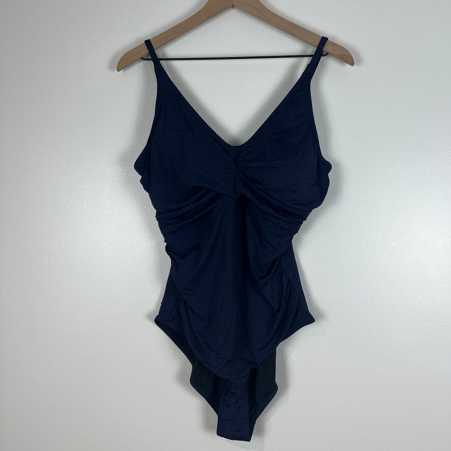 Hilor Navy Tummy Control One Piece Swimsuit Ruched Adjustable Straps NWT 16
