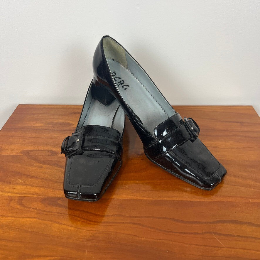 Vintage BCBG Paris Black Patent Leather Loafer Pumps Buckle Heels Size 8