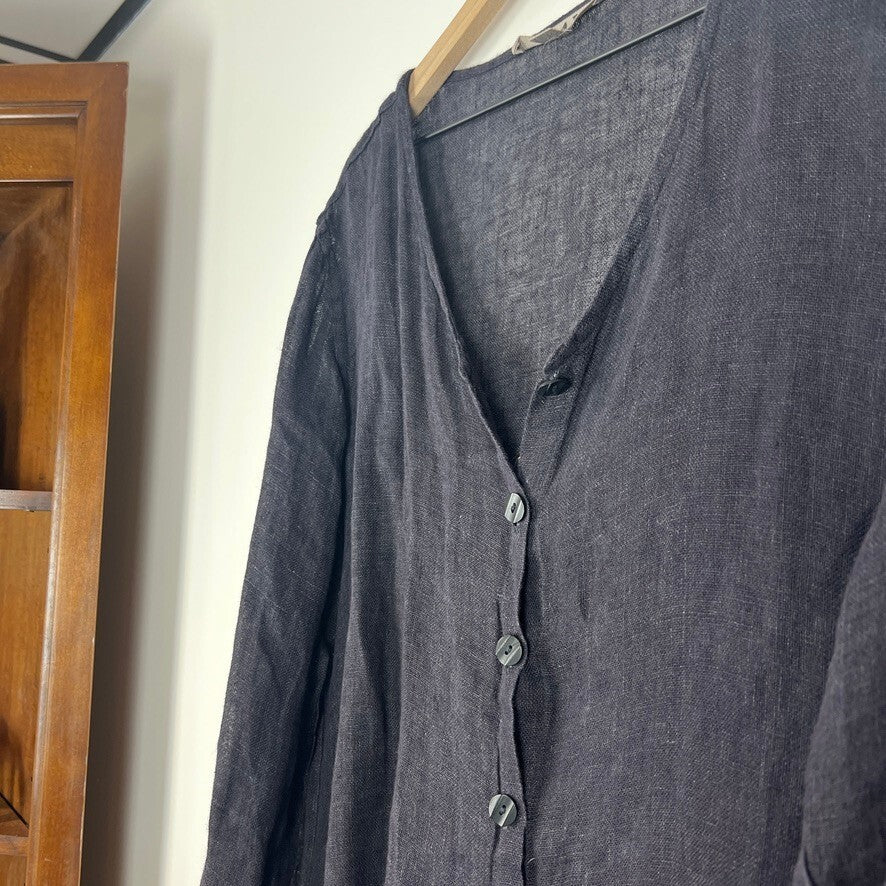 FLAX 100% Linen Charcoal Button Front Tunic Blouse Top Women’s Large L