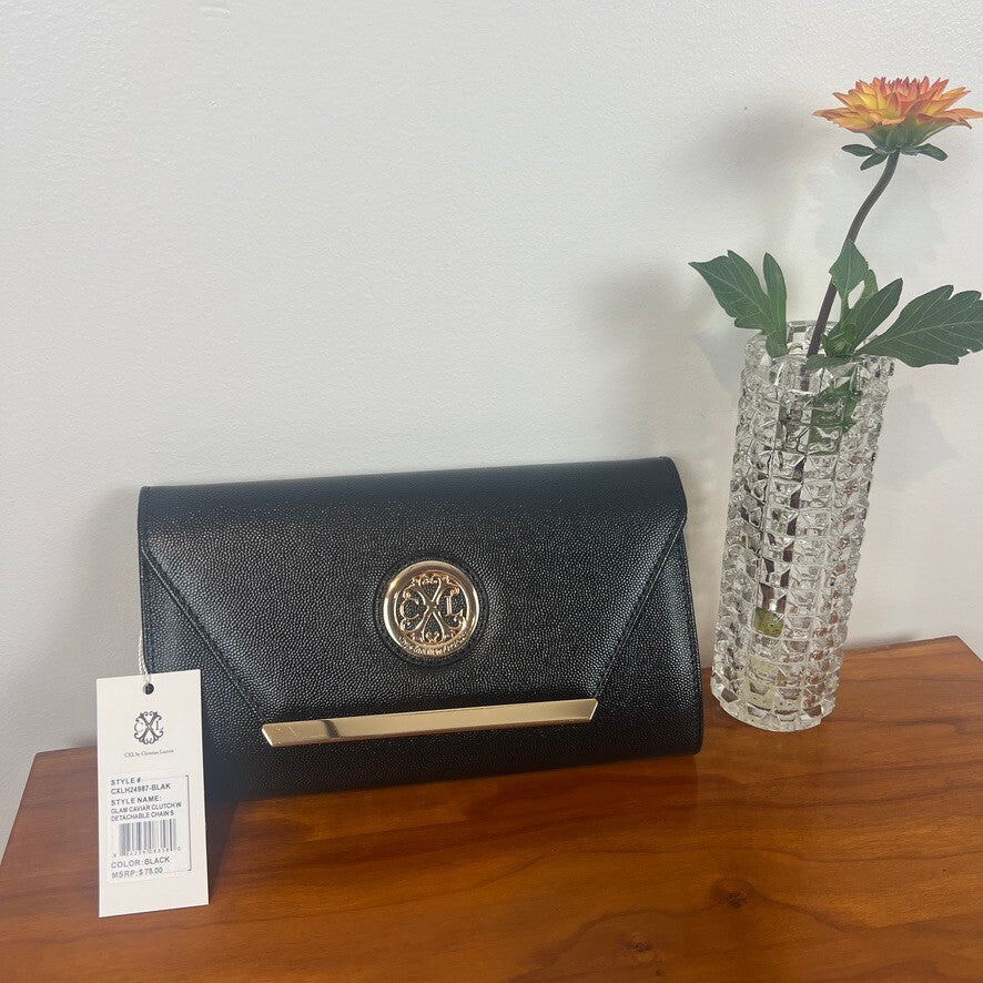 CXL Christian Lacroix Black Caviar Clutch Gold Chain Evening Bag NWT