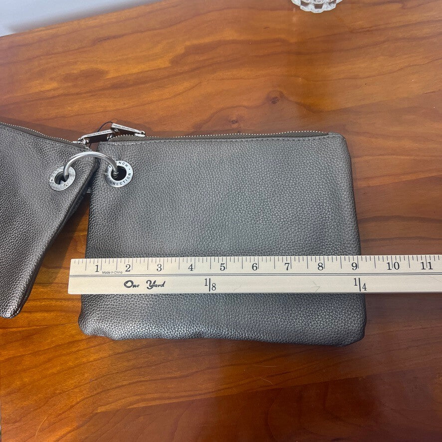 French Connection Pewter Double Pouch Wristlet Pebble Faux Leather Bag