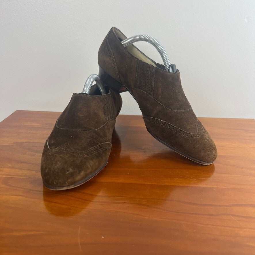 Hermès Paris Brown Suede Wingtip Slip-On Loafers Women's Made in France Size 5.5