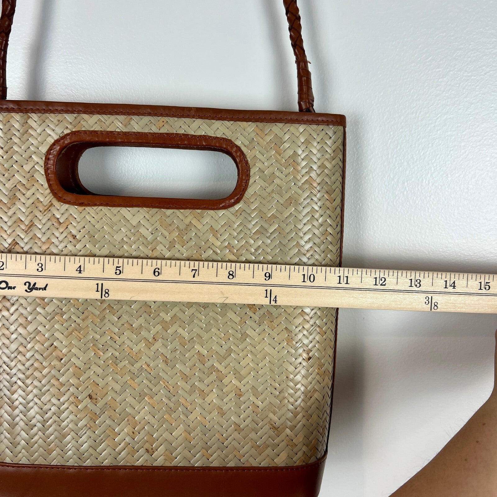Bembien Woven Straw Leather Shoulder Bag Tote Cutout Handles Brown Natural