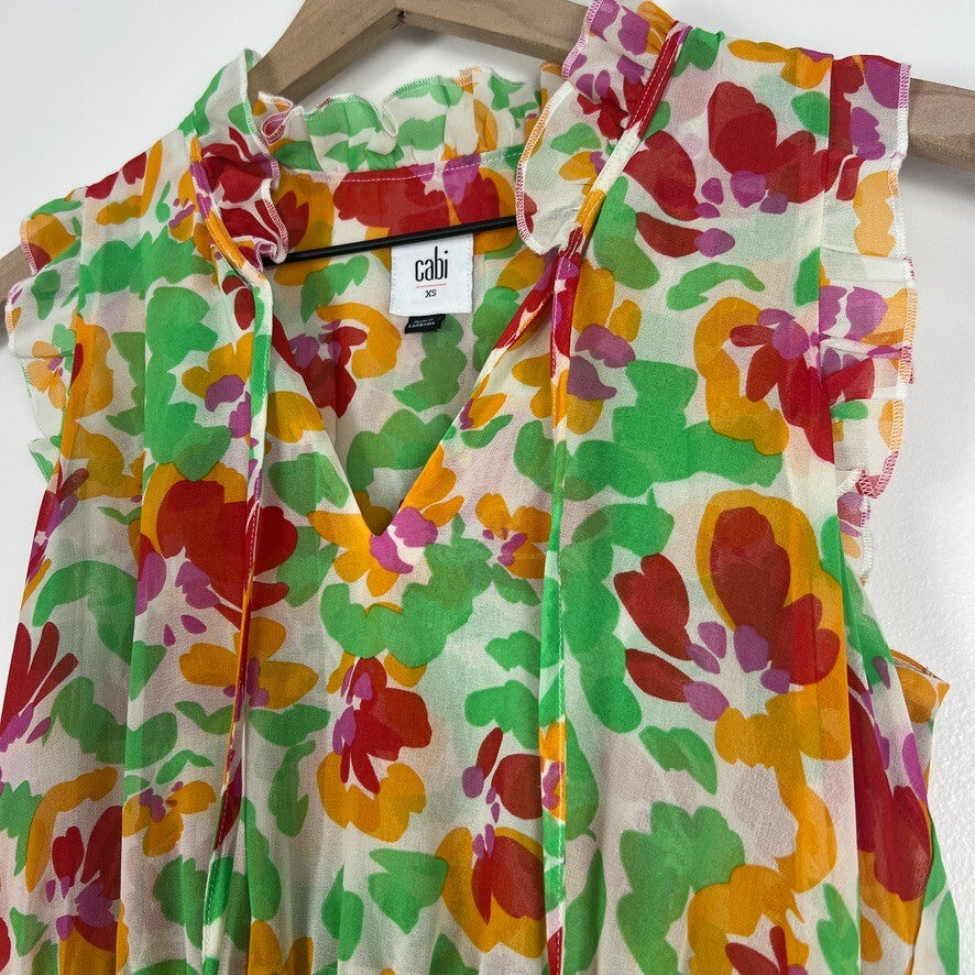 Cabi Floral Knee Length Dress XS Ruffle Smocked Waist Boho Colorful