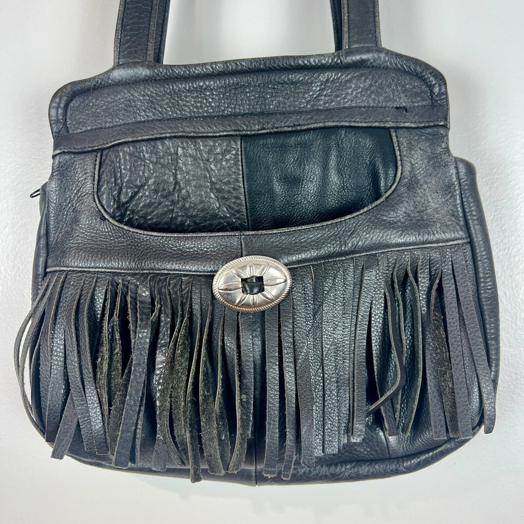 Vintage Black Genuine Leather Fringe Shoulder Bag Western Boho Purse Made Mexico