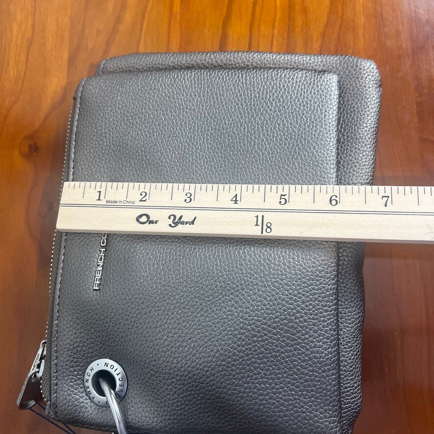 French Connection Pewter Double Pouch Wristlet Pebble Faux Leather Bag