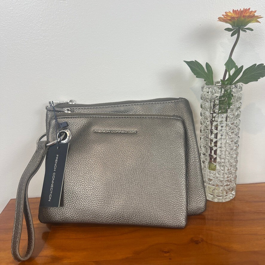 French Connection Pewter Double Pouch Wristlet Pebble Faux Leather Bag