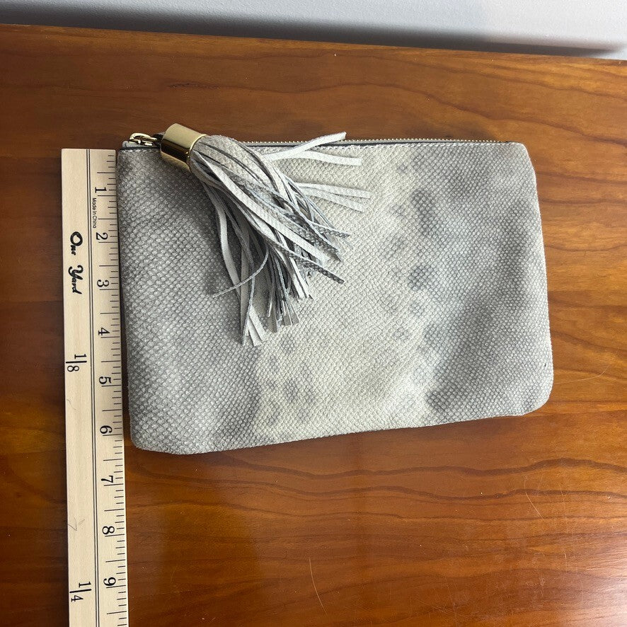 G.I.L.I. Gray Snakeskin Embossed Leather Tassel Zip Clutch Made in Italy