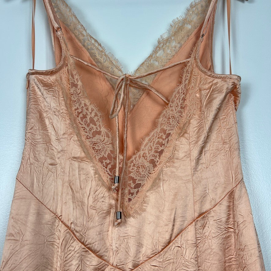 Free People Maybe Forever Satin Lace Maxi Slip Dress Peach Women's Size 8 Boho