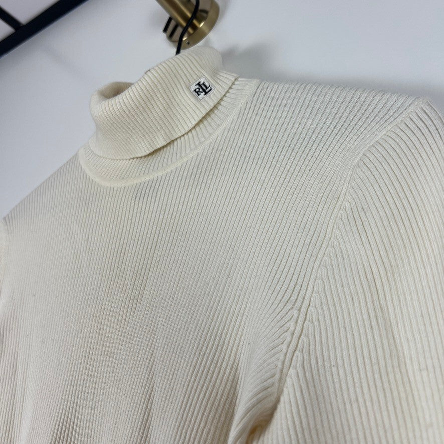 Lauren Ralph Lauren Ribbed Cotton Turtleneck Sweater Ivory Medium Classic