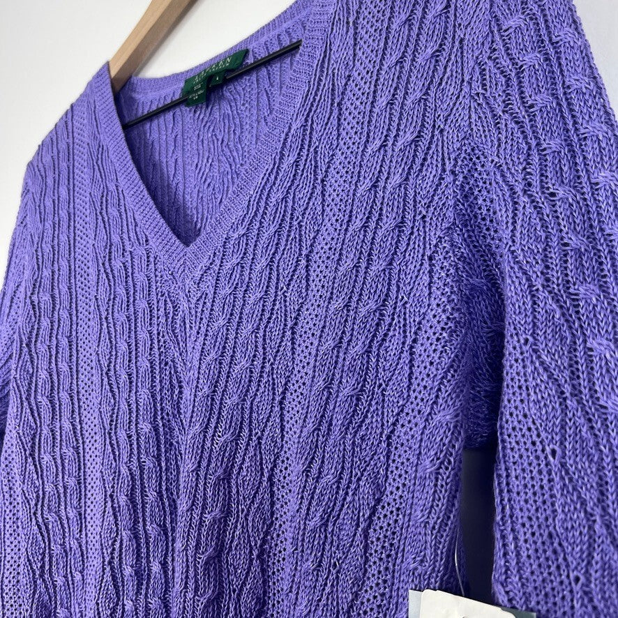 NWT Lauren Ralph Lauren Purple Linen Cable Knit V-Neck Sweater Women's L