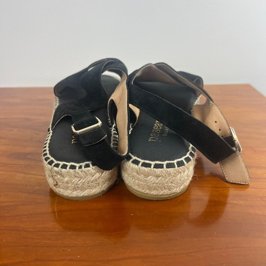 Paseart Black Suede Espadrille Platform Sandals Women's EU 39 Leather Slingback