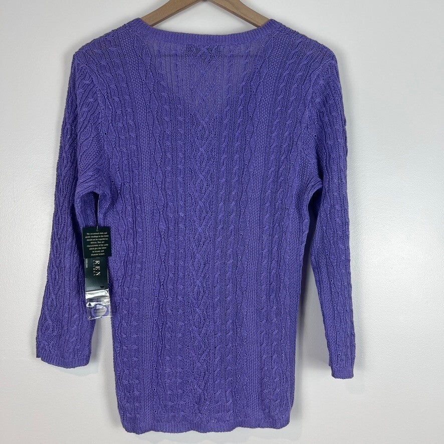 NWT Lauren Ralph Lauren Purple Linen Cable Knit V-Neck Sweater Women's L