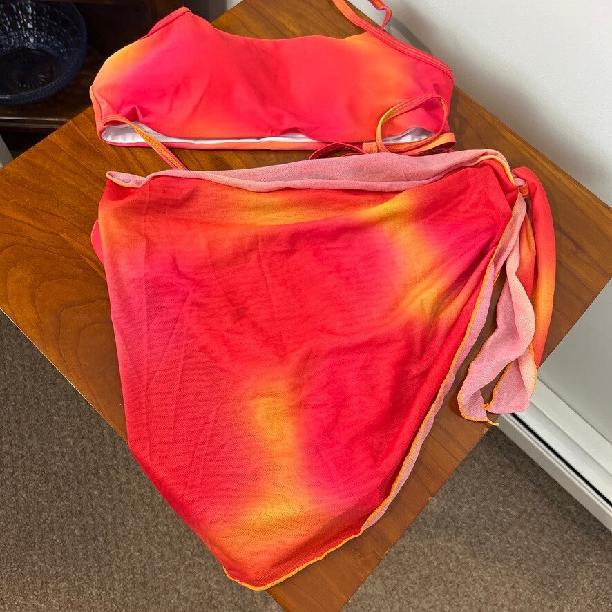 Women's Neon Red Orange Ombre 3 Piece Bikini Set & Sarong Cover Up Medium - NWT